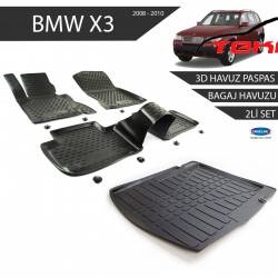 Bmw X3 3D Havuz Paspas + 3D Bagaj Havuzu 2li Set Siyah 2008-2010