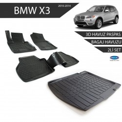 Bmw X3 3D Havuz Paspas + 3D Bagaj Havuzu 2li Set Siyah 2010-2014