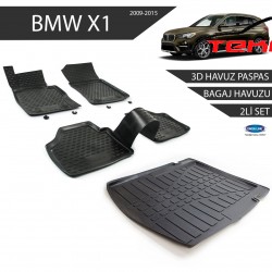 Bmw X1 3D Havuz Paspas + 3D Bagaj Havuzu 2li Set Siyah 2009-2015