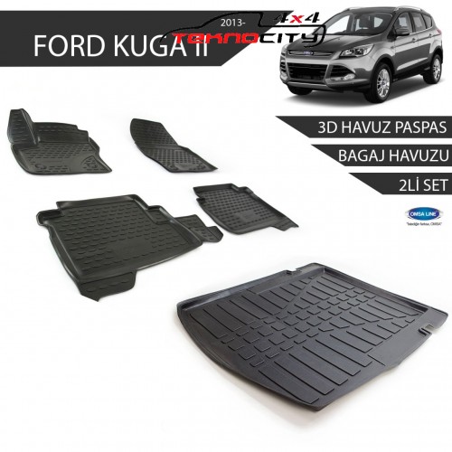 Ford Kuga 3 3D Havuz Paspas + 3D Bagaj Havuzu 2li Set Siyah 2013 ve Sonrası