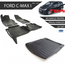 Ford C-Max I 3D Havuz Paspas + 3D Bagaj Havuzu 2li Set Siyah 2003-2010