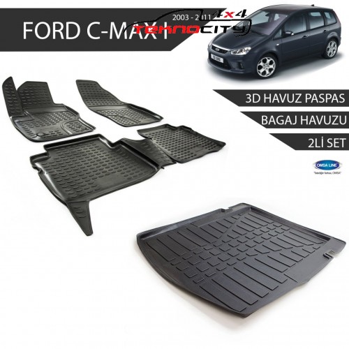 Ford C-Max I 3D Havuz Paspas + 3D Bagaj Havuzu 2li Set Siyah 2003-2010