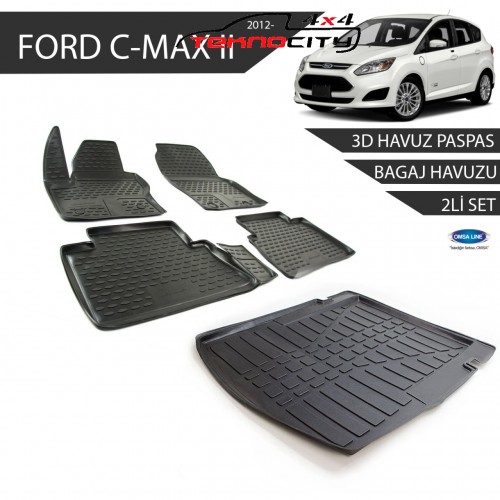 Ford C-MAX 2 3D Havuz Paspas + 3D Bagaj Havuzu 2li Set Siyah 2012 ve Sonrası