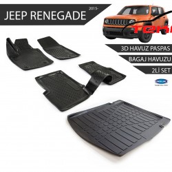 Jeep Renegade 3D Havuz Paspas +3D Bagaj Havuzu 2li Set Siyah 2015 ve Sonrası