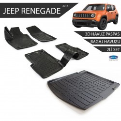 Jeep Renegade 3D Havuz Paspas +3D Bagaj Havuzu 2li Set Siyah 2015 ve Sonrası