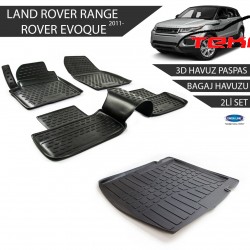 Land Rover/Range Rover Evoque 3D Havuz Paspas + 3D Bagaj Havuzu 2li Set Siyah 2011 ve Sonrası