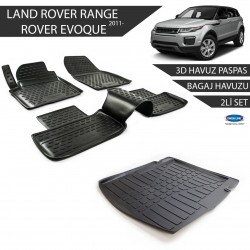 Land Rover/Range Rover Evoque 3D Havuz Paspas + 3D Bagaj Havuzu 2li Set Siyah 2011 ve Sonrası