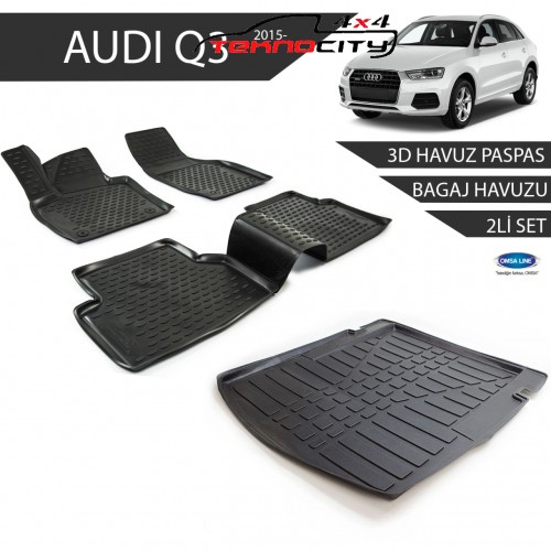 Audi Q3 3D Havuz Paspas + 3D Bagaj Havuzu 2li Set Siyah 2015 ve Sonrası